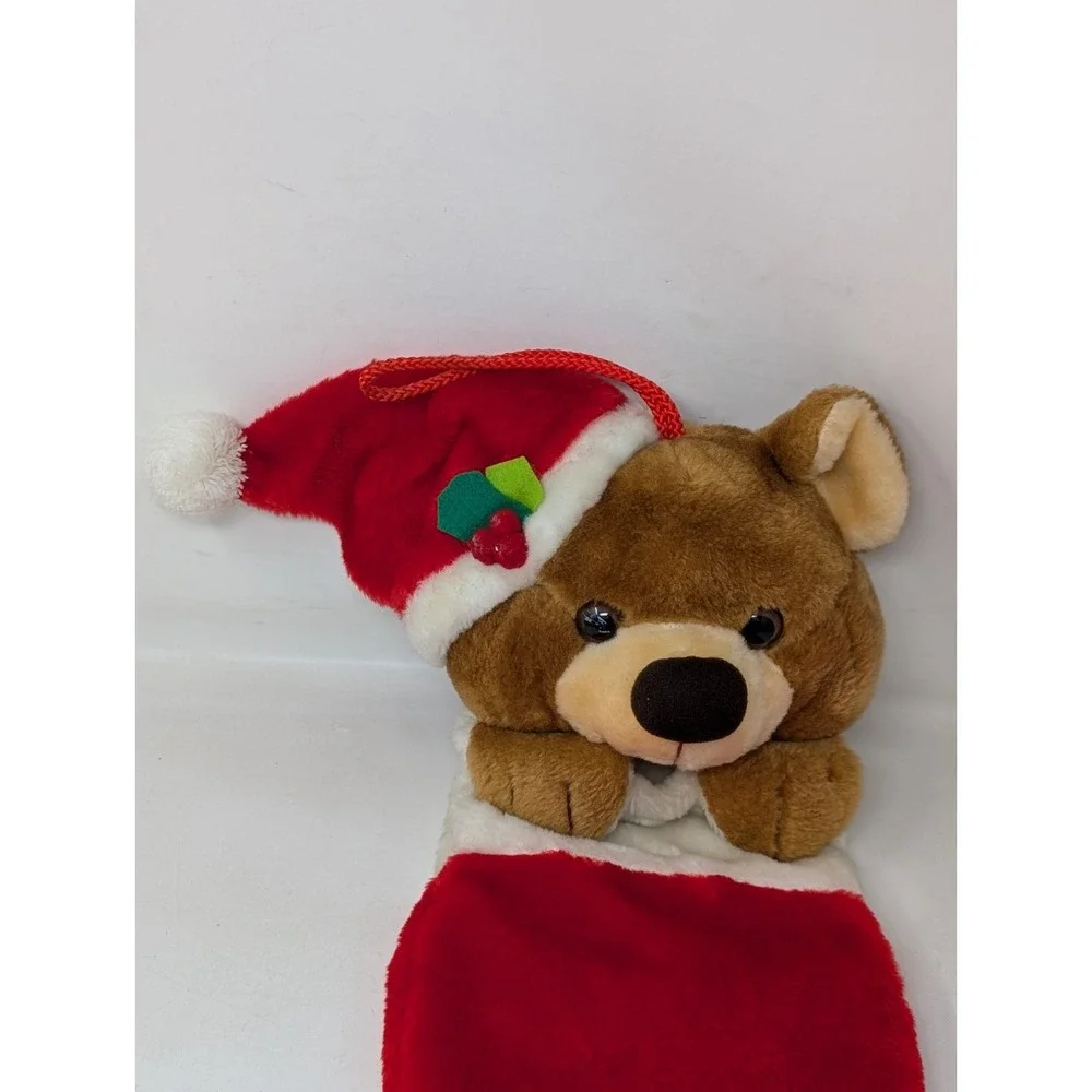 Vintage‎ Jasco Christmas Stocking 3D Plush Bear with Santa Hat Smithy